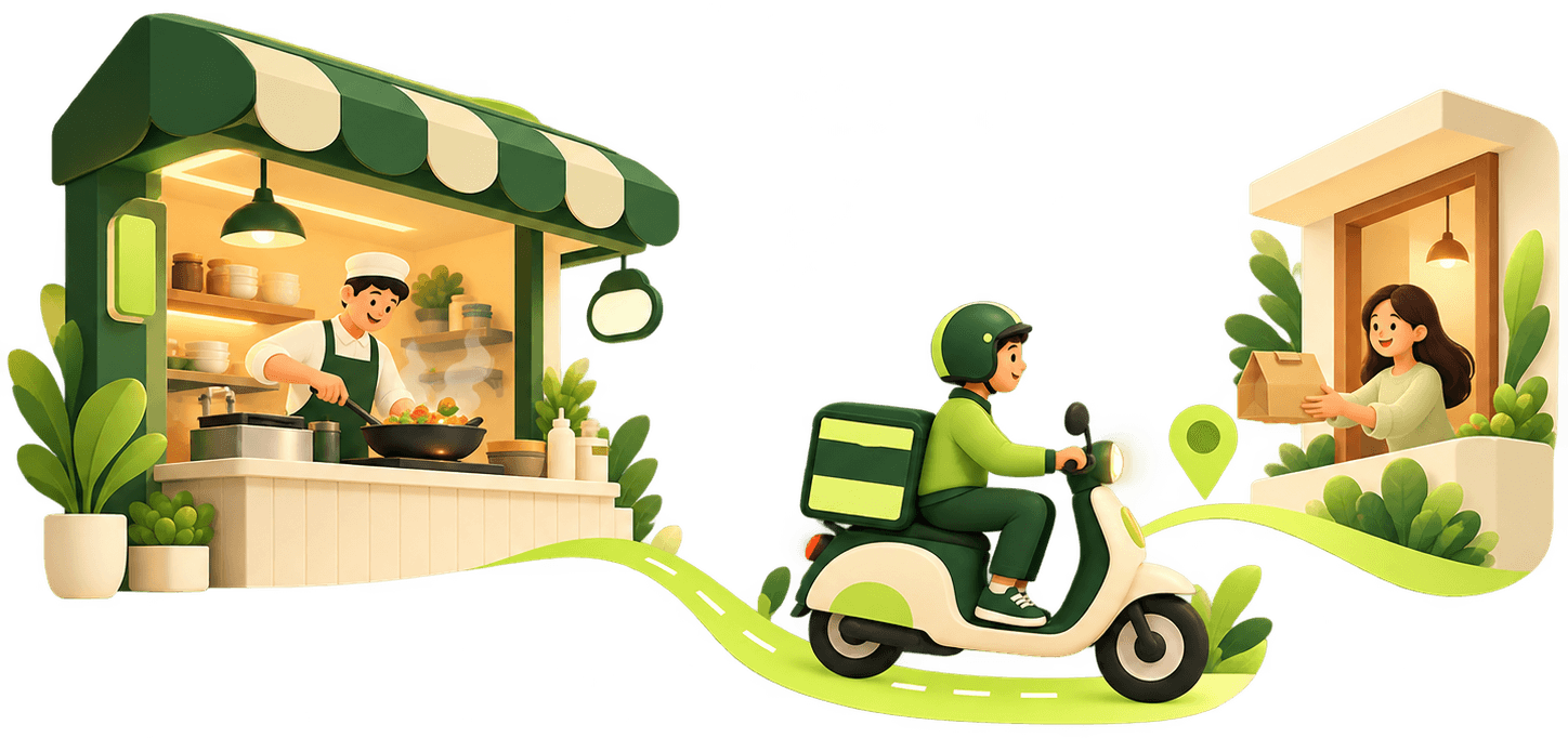 A cook at the kitchen, a rider on a scooter, and a customer receiving the order at her door